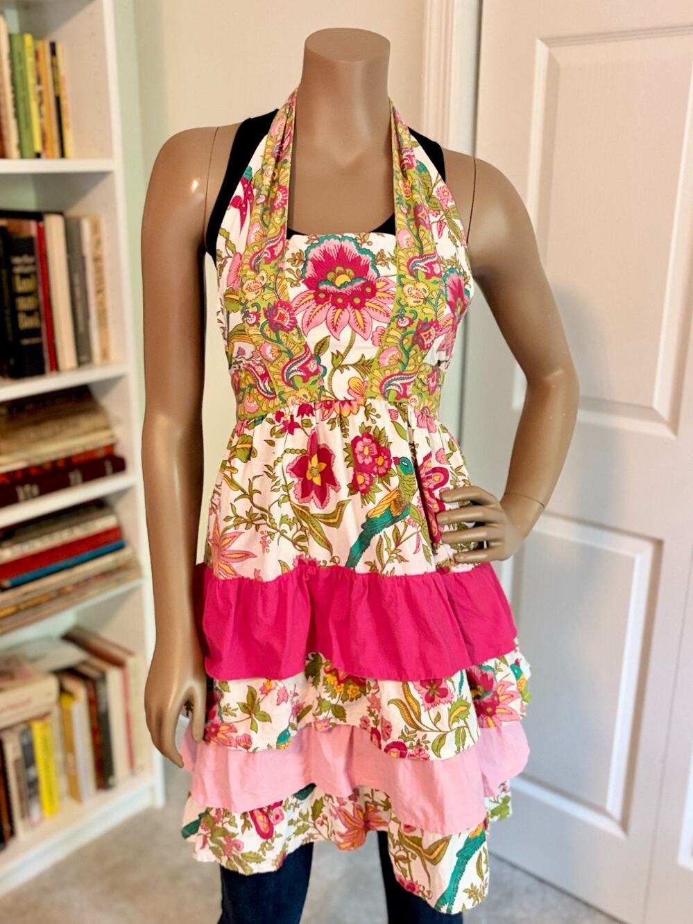 Floral Ruffle Apron Bird Print Cotton Tiered Halter Cottagecore Womens Pink OS